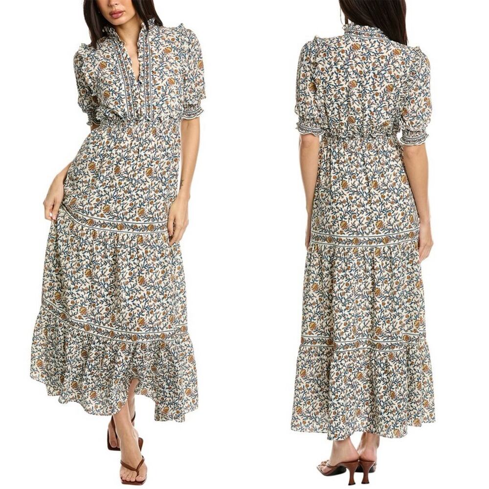 MAX STUDIO Tiered Floral Midi Dress Cream Multi Ruffled Boho